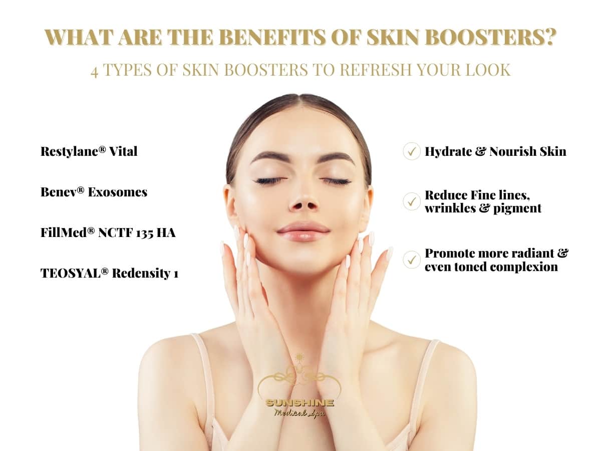 At Sunshine Cosmetic Clinic & Medi Spa in Waterloo Kitchener area, we provide several different types of skin boosters to refresh your look. Contact us for a free consultation!